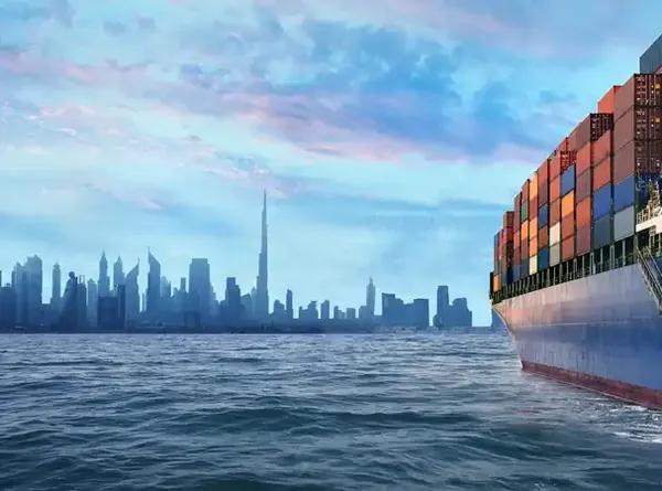 Vessel off the Dubai skyline